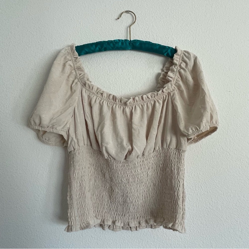 Forever 21 Beige Smocked Off-Shoulder Peasant Top